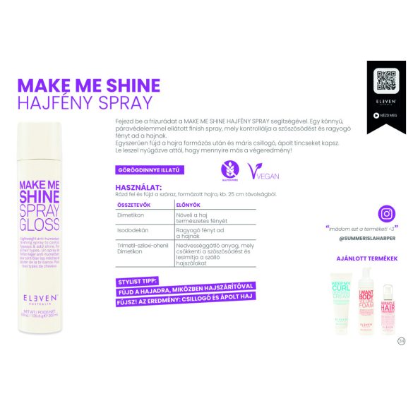 Eleven Australia Make Me Shine hajfény és szöszösödésgátló spray 200 ml környezetkímélő hajtógázas