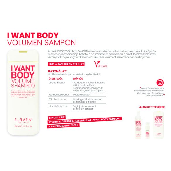 Eleven Australia I Want Body szulfátmentes, parabénmentes volumennövelő sampon 300 ml
