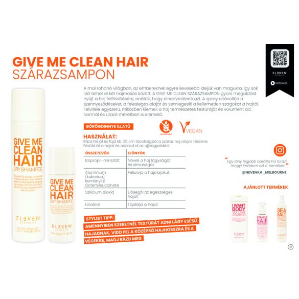Eleven Australia Give Me Clean Hair Száraz sampon 200 ml (környezetkímélő hajtógázzal)